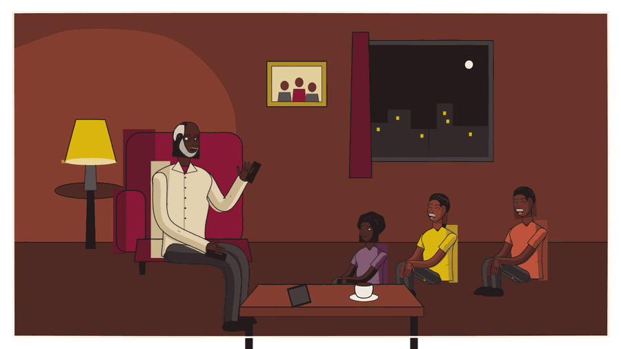 A storyteller, surrounded by the women and men listening to him.