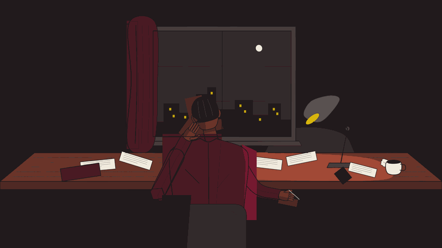 An office at night: a lamp, papers, someone still at work.